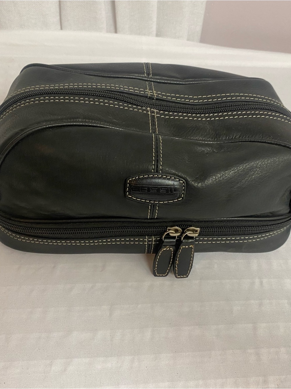 Fossil Black Leather Toiletry Dopp Kit with Contrast Stitching